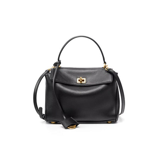 E-IRLOOM M - Black Genuine Leather luxury top handle Handbag ( gold hardware)