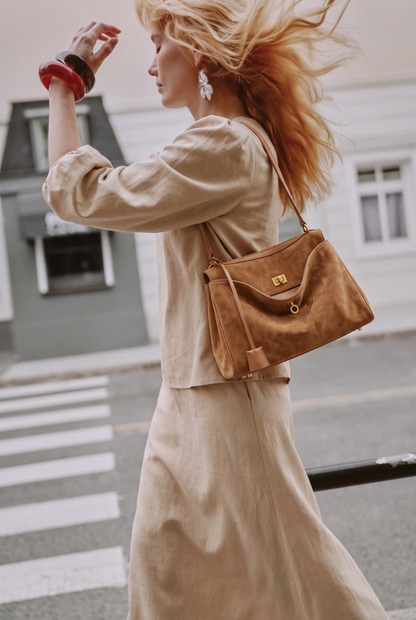 ( PRE ORDER ) E-IRLOOM L - caramel suede luxury top handle Handbag
